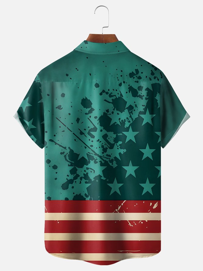 Tall Size Moisture-wicking Independence Day Rooster American Flag Chest Pocket Casual Shirt