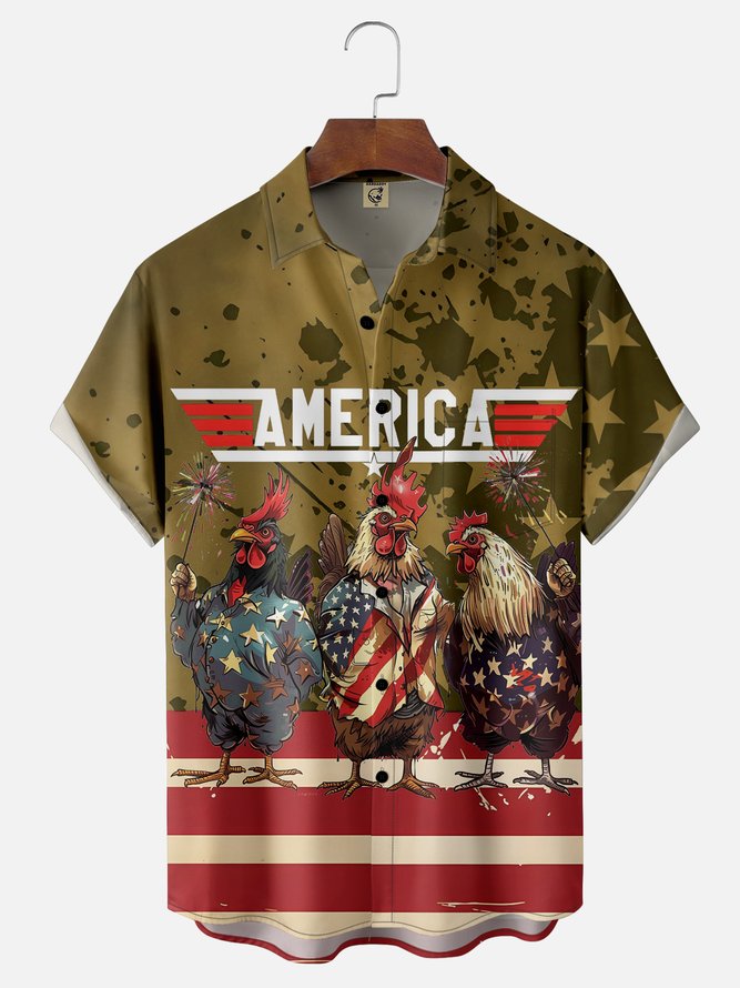 Tall Size Moisture-wicking Independence Day Rooster American Flag Chest Pocket Casual Shirt