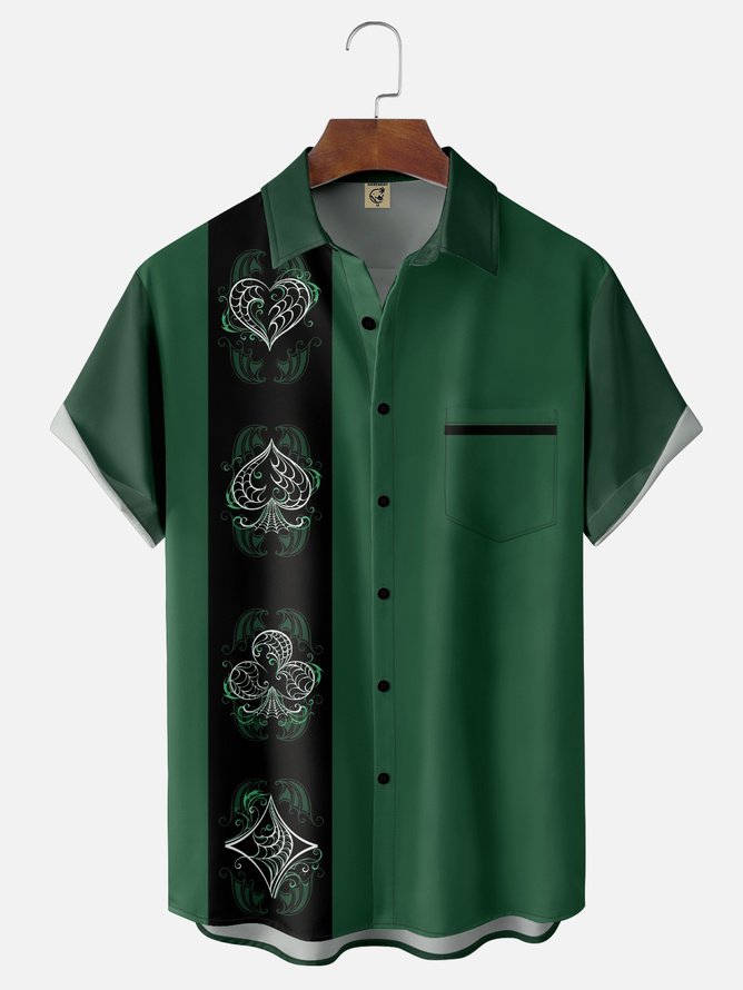 Tall Size Moisture-wicking Poker Symbols Chest Pocket Bowling Shirt