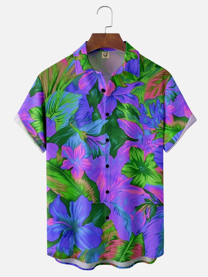 Tall Size Moisture-wicking Floral Chest Pocket Hawaiian Shirt