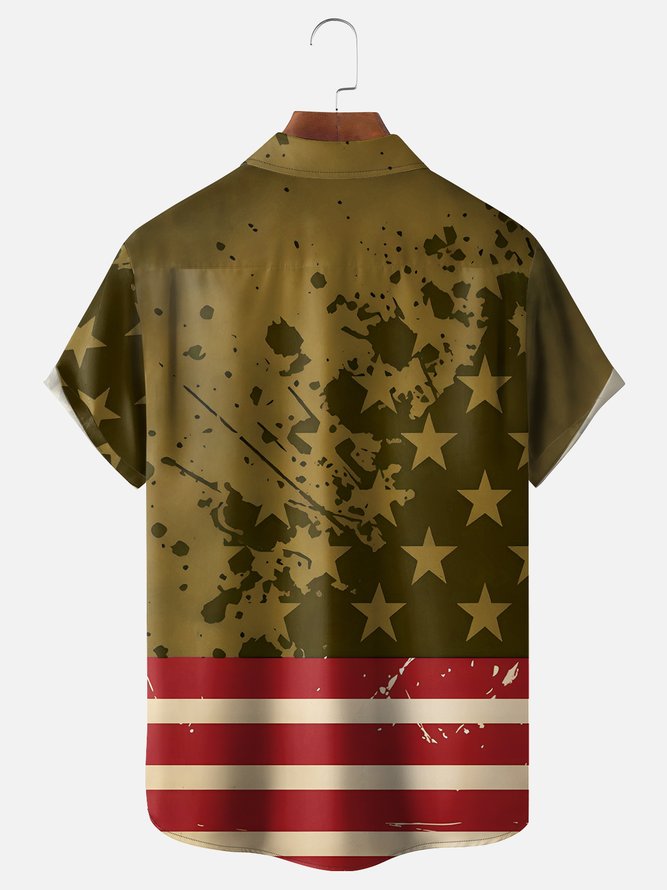 Tall Size Moisture-wicking Independence Day Rooster American Flag Chest Pocket Casual Shirt