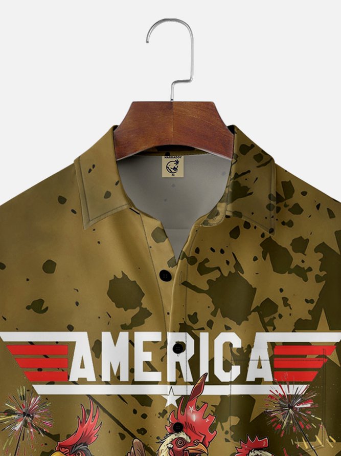 Tall Size Moisture-wicking Independence Day Rooster American Flag Chest Pocket Casual Shirt