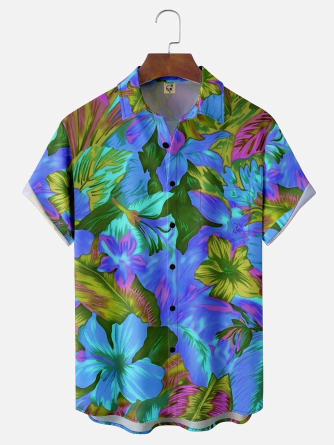 Tall Size Moisture-wicking Floral Chest Pocket Hawaiian Shirt