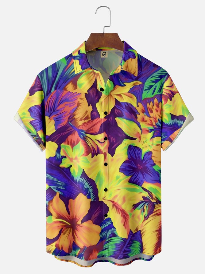 Tall Size Moisture-wicking Floral Chest Pocket Hawaiian Shirt