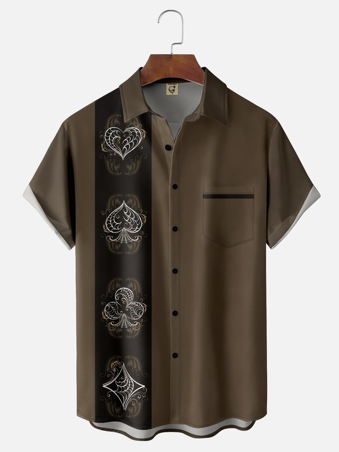 Tall Size Moisture-wicking Poker Symbols Chest Pocket Bowling Shirt