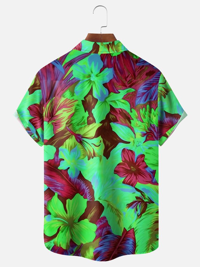 Tall Size Moisture-wicking Floral Chest Pocket Hawaiian Shirt