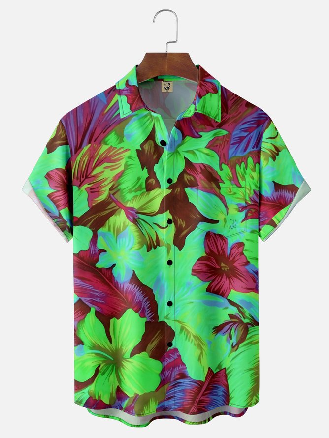 Tall Size Moisture-wicking Floral Chest Pocket Hawaiian Shirt