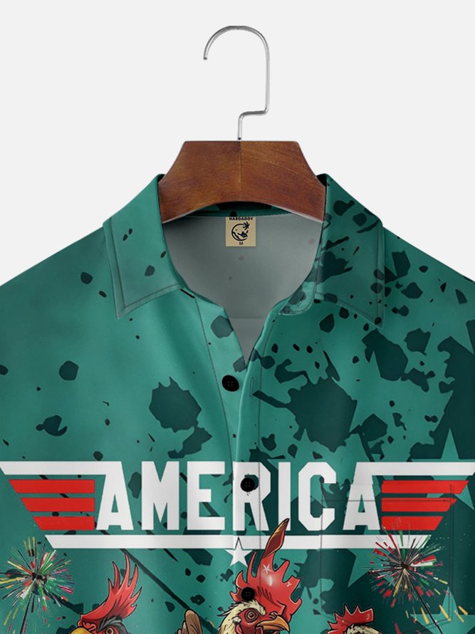 Tall Size Moisture-wicking Independence Day Rooster American Flag Chest Pocket Casual Shirt