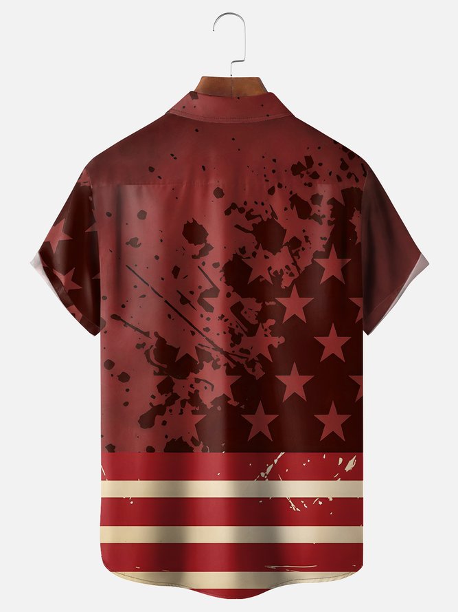 Tall Size Moisture-wicking Independence Day Rooster American Flag Chest Pocket Casual Shirt