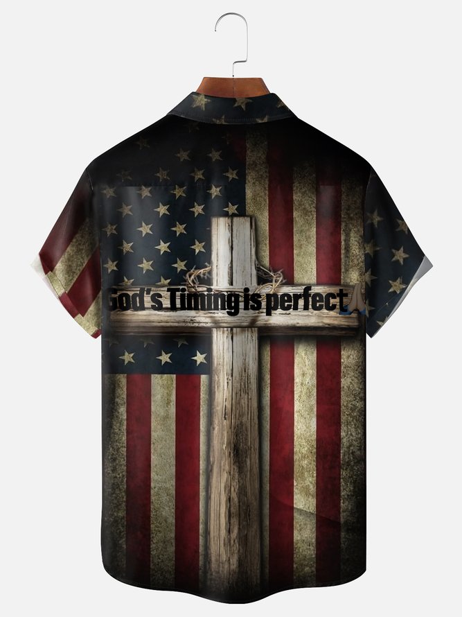 Moisture-wicking Gods Timing is Perfect American Flag Cross Chest Pocket Casual Shirt