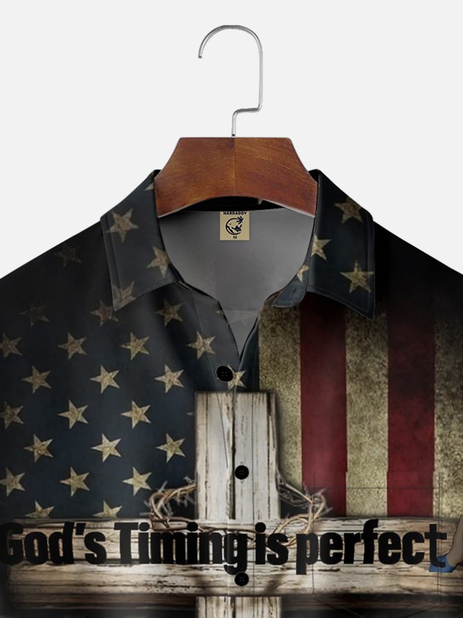 Moisture-wicking Gods Timing is Perfect American Flag Cross Chest Pocket Casual Shirt