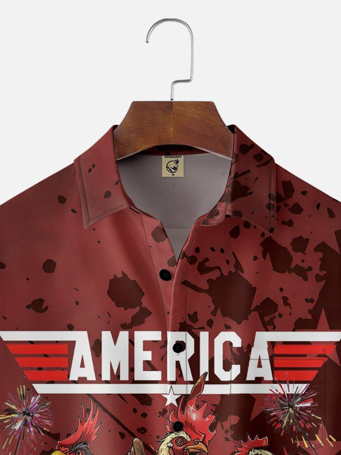 Tall Size Moisture-wicking Independence Day Rooster American Flag Chest Pocket Casual Shirt