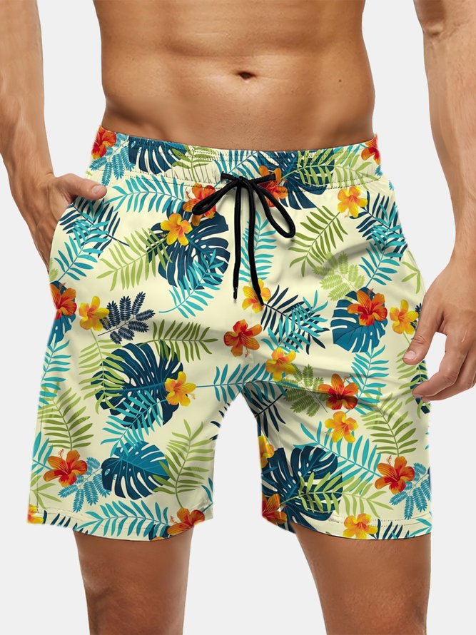 Men's Swim Trunks Hawaiian Tropical Palm Tree Beach Shorts with Pockets
