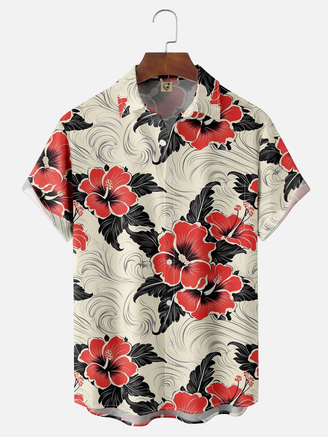 Moisture-wicking Floral Chest Pocket Hawaiian Shirt