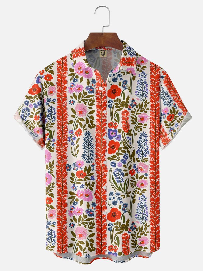 Moisture-wicking Tropical Floral Chest Pocket Hawaiian Shirt