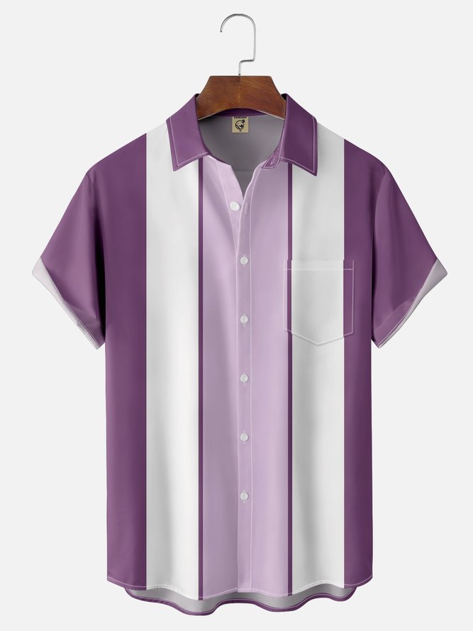 Hardaddy Shirts For Father Geometric Stripe Chest Pocket Short Sleeve Bowling Shirt