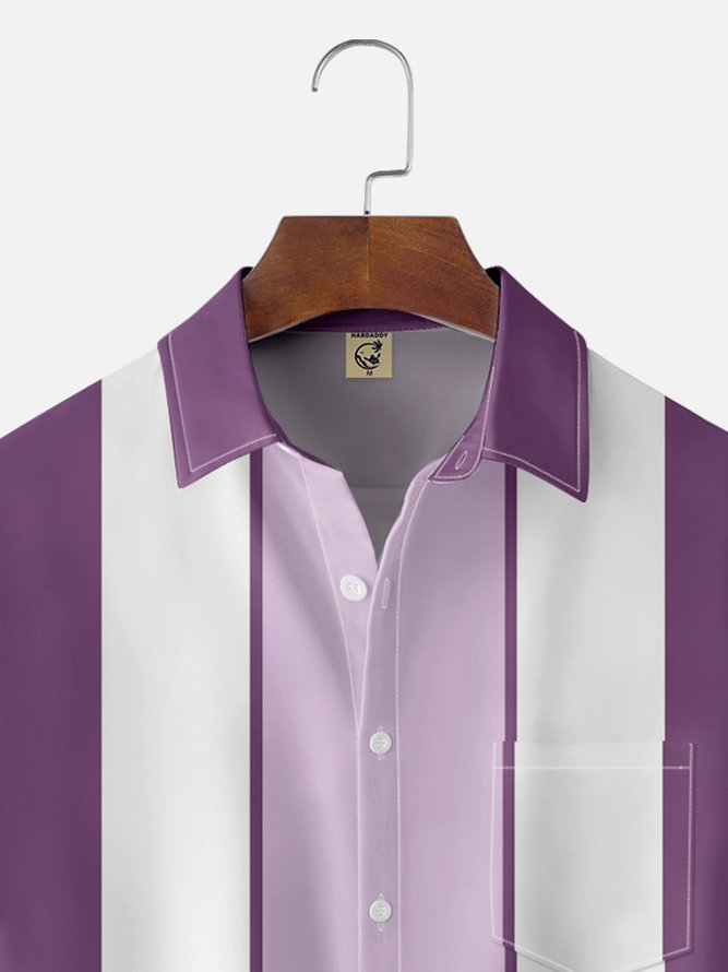 Hardaddy Shirts For Father Geometric Stripe Chest Pocket Short Sleeve Bowling Shirt