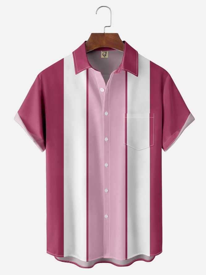 Hardaddy Shirts For Father Geometric Stripe Chest Pocket Short Sleeve Bowling Shirt