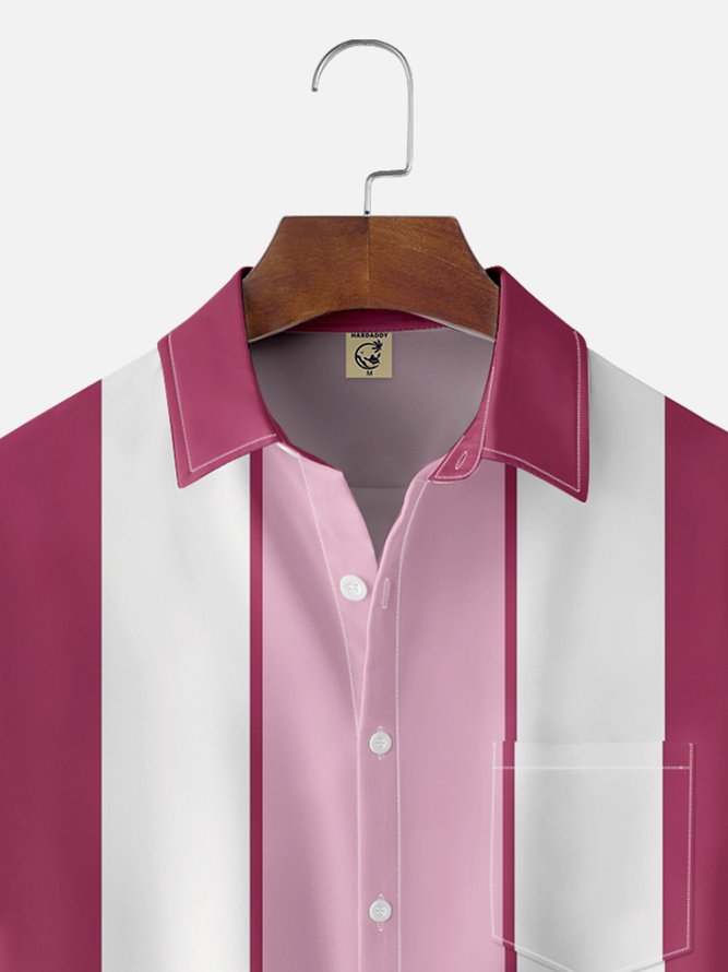 Hardaddy Shirts For Father Geometric Stripe Chest Pocket Short Sleeve Bowling Shirt
