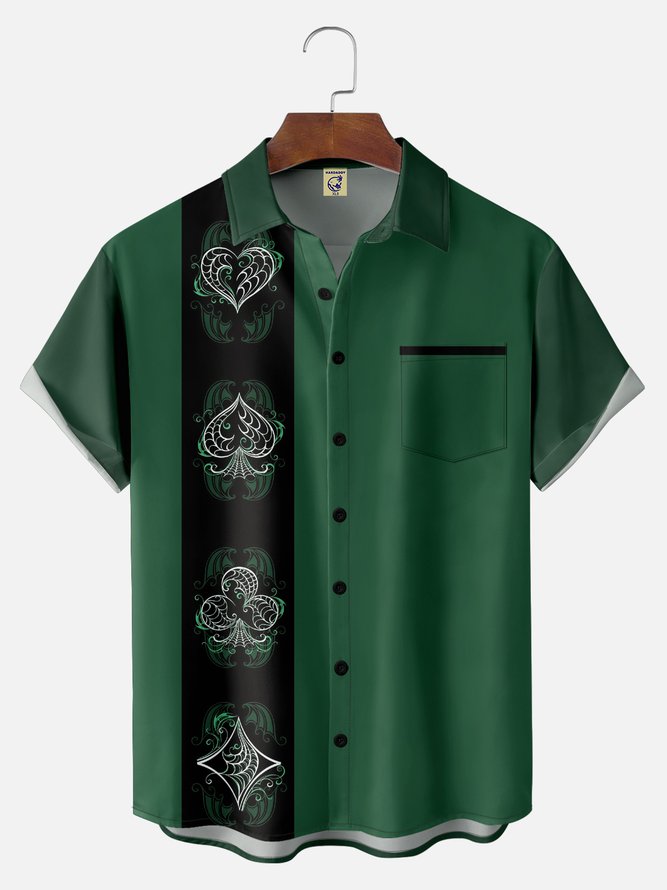 Big Size Moisture-wicking Poker Symbols Chest Pocket Bowling Shirt