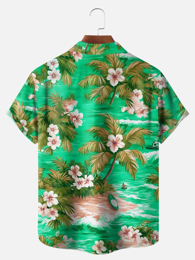 Big Size Moisture-wicking Tropical Hibiscus Flower Chest Pocket Hawaiian Shirt