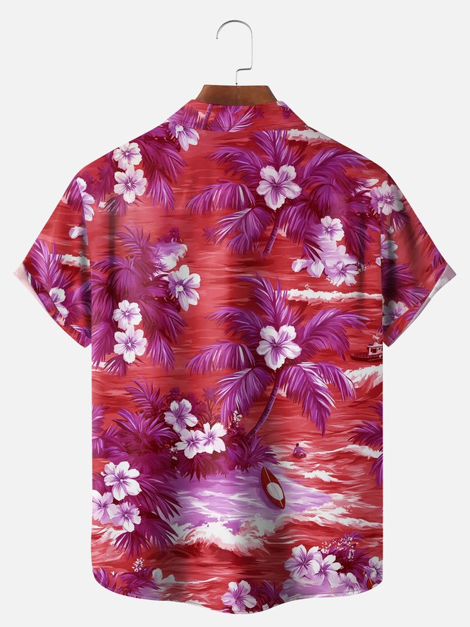 Big Size Moisture-wicking Tropical Hibiscus Flower Chest Pocket Hawaiian Shirt