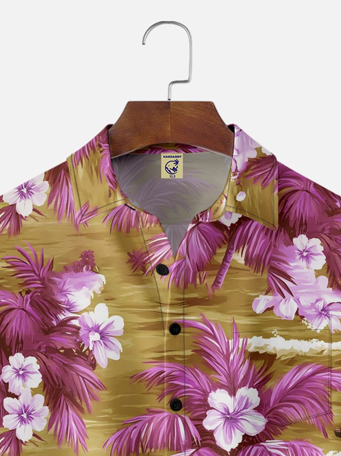Big Size Moisture-wicking Tropical Hibiscus Flower Chest Pocket Hawaiian Shirt