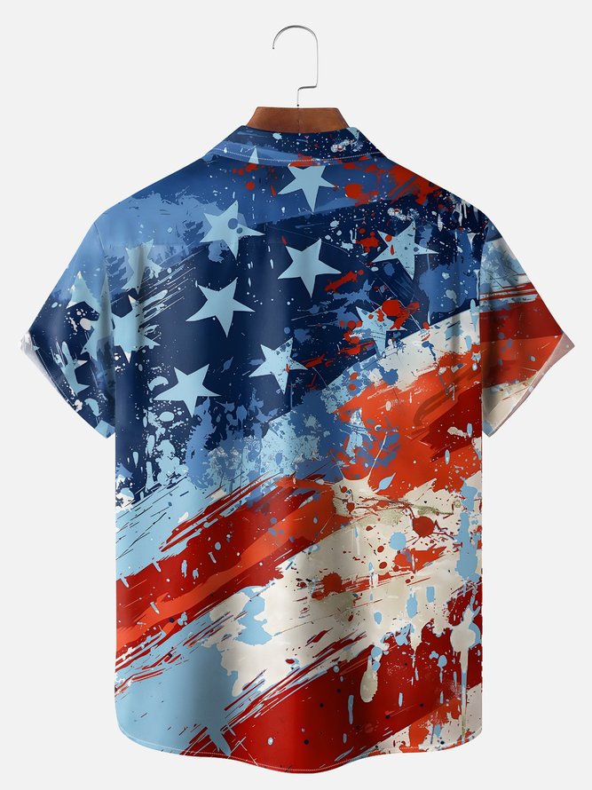 Big Size Moisture-wicking American Flag Oil Painting Ink Art Chest Pocket Casual Shirt