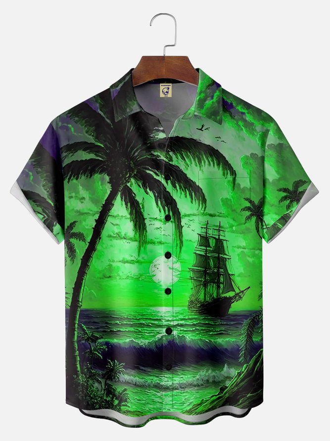 Big Size Moisture-wicking Palm Tree Chest Pocket Hawaiian Shirt