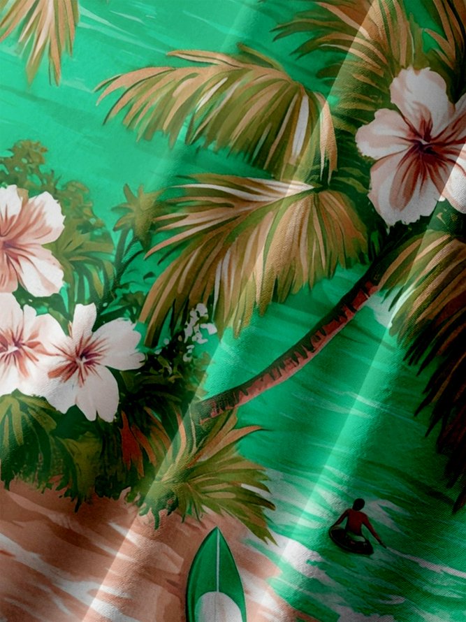 Big Size Moisture-wicking Tropical Hibiscus Flower Chest Pocket Hawaiian Shirt
