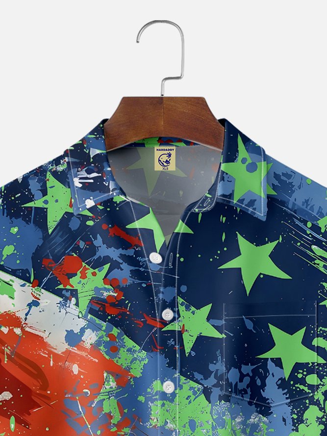 Big Size Moisture-wicking American Flag Oil Painting Ink Art Chest Pocket Casual Shirt