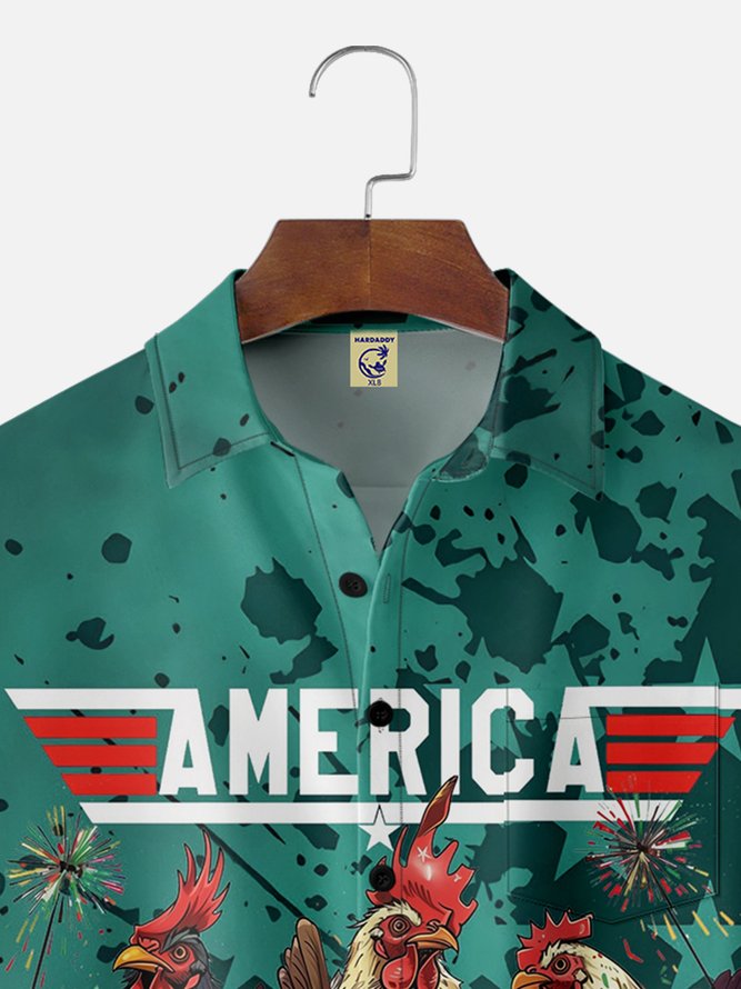 Big Size Moisture-wicking Independence Day Rooster American Flag Chest Pocket Casual Shirt