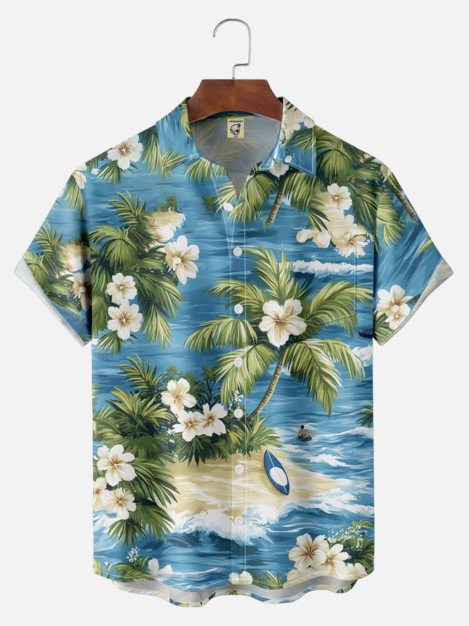 Big Size Moisture-wicking Tropical Hibiscus Flower Chest Pocket Hawaiian Shirt
