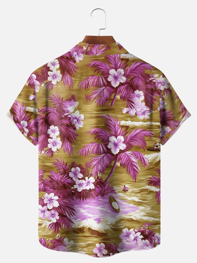 Big Size Moisture-wicking Tropical Hibiscus Flower Chest Pocket Hawaiian Shirt