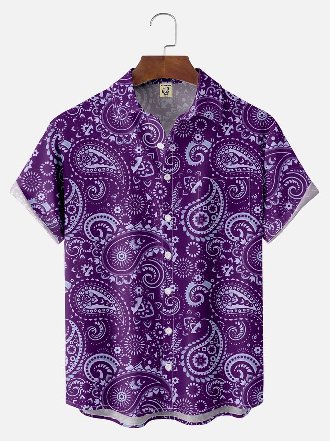 Big Size Moisture-wicking Paisley Floral Chest Pocket Casual Shirt