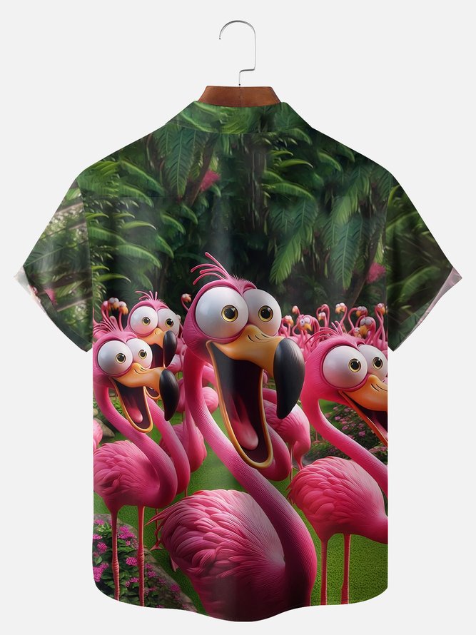 Big Size Moisture-wicking Flamingo Funny Shock Art Chest Pocket Hawaiian Shirt