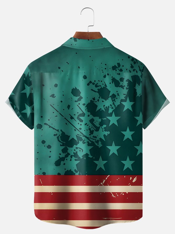 Big Size Moisture-wicking Independence Day Rooster American Flag Chest Pocket Casual Shirt