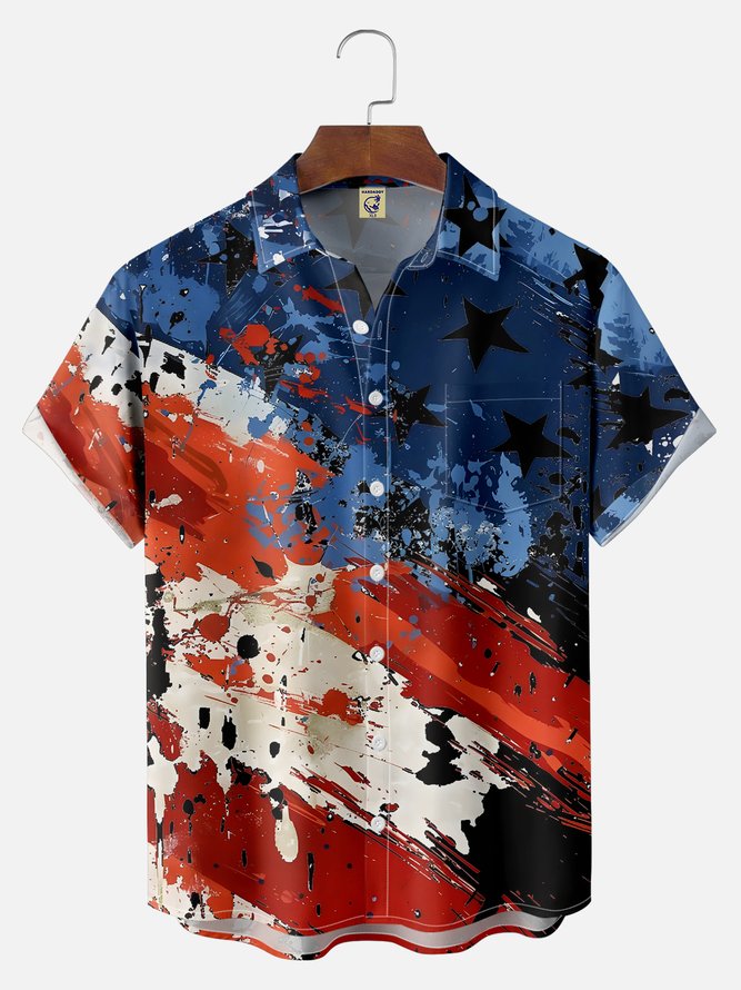 Big Size Moisture-wicking American Flag Oil Painting Ink Art Chest Pocket Casual Shirt