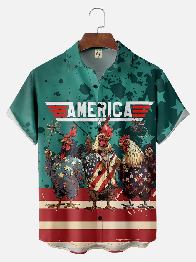 Big Size Moisture-wicking Independence Day Rooster American Flag Chest Pocket Casual Shirt