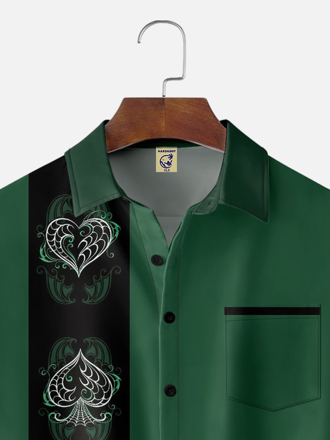 Big Size Moisture-wicking Poker Symbols Chest Pocket Bowling Shirt