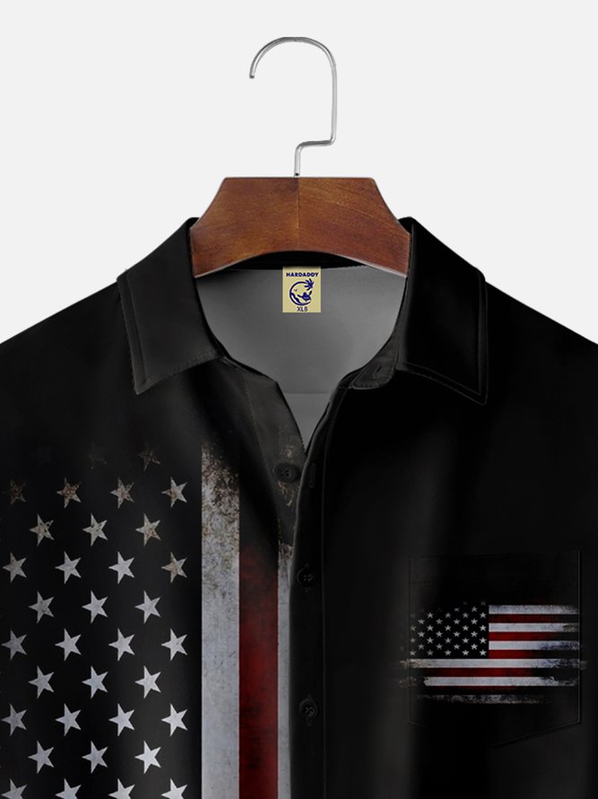 Big Size Moisture-wicking American Flag Chest Pocket Bowling Shirt