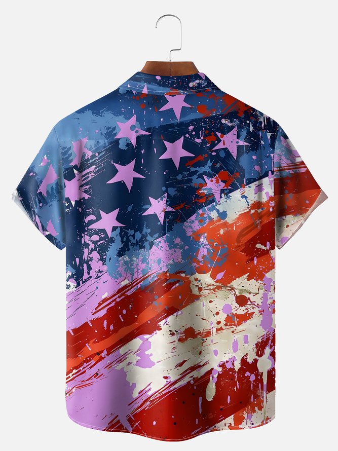 Big Size Moisture-wicking American Flag Oil Painting Ink Art Chest Pocket Casual Shirt