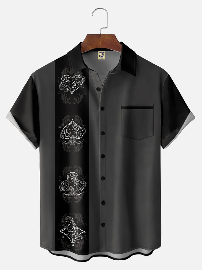 Big Size Moisture-wicking Poker Symbols Chest Pocket Bowling Shirt