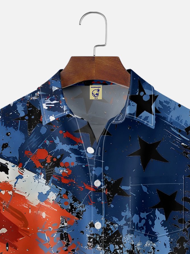 Big Size Moisture-wicking American Flag Oil Painting Ink Art Chest Pocket Casual Shirt