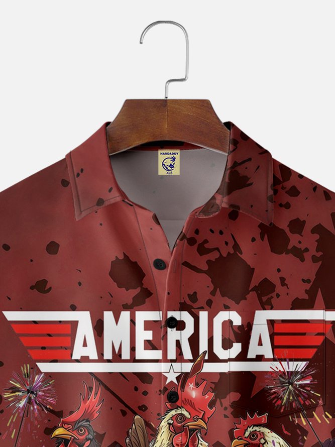 Big Size Moisture-wicking Independence Day Rooster American Flag Chest Pocket Casual Shirt