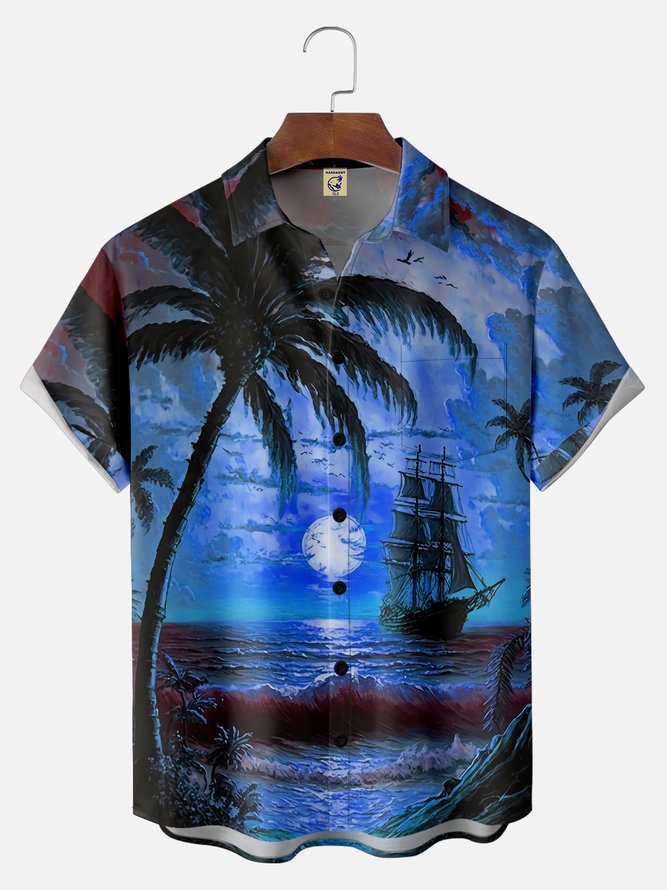 Big Size Moisture-wicking Palm Tree Chest Pocket Hawaiian Shirt