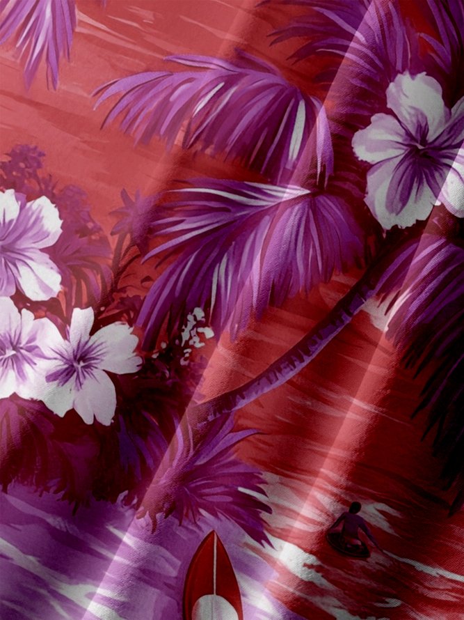 Big Size Moisture-wicking Tropical Hibiscus Flower Chest Pocket Hawaiian Shirt