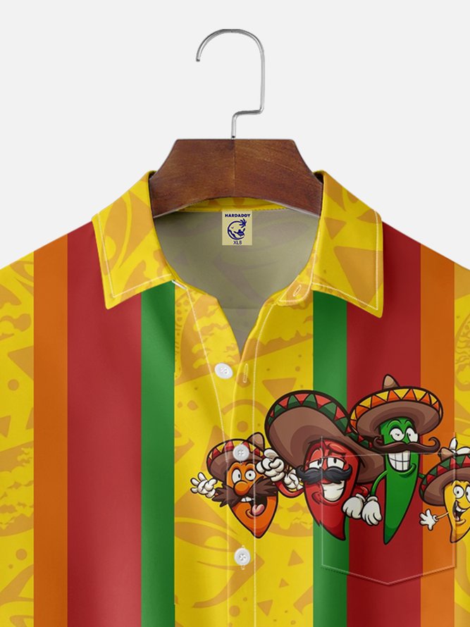 Big Size Moisture-wicking Cinco de Mayo Chili Chest Pocket Bowling Shirt