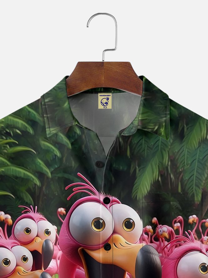 Big Size Moisture-wicking Flamingo Funny Shock Art Chest Pocket Hawaiian Shirt