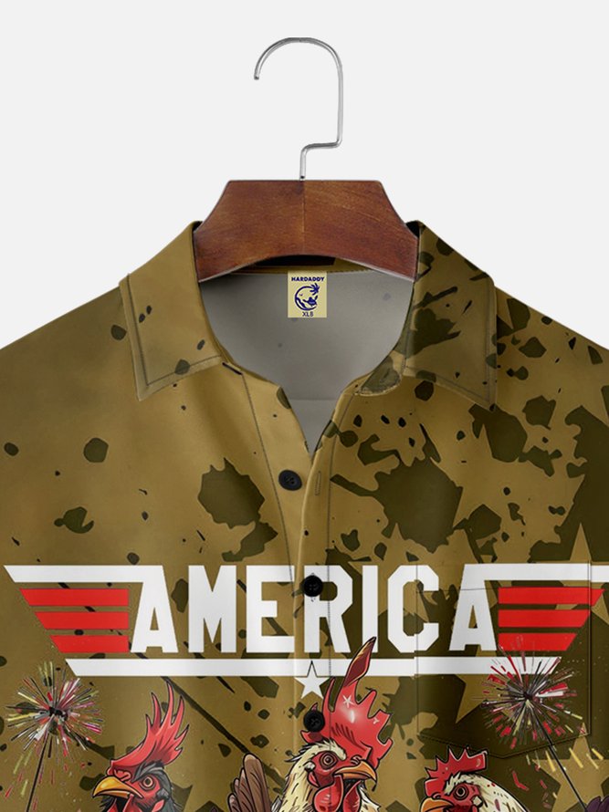Big Size Moisture-wicking Independence Day Rooster American Flag Chest Pocket Casual Shirt